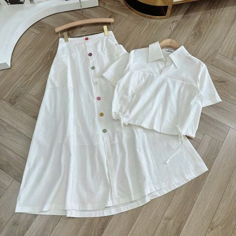 KS1266 - SET ÁO CỔ SƠ MI DÁNG LỬNG - CHÂN VÁY DÀI (MÀU KEM)