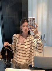 LEN4004 SET ÁO DÂY SỌC PHỐI LÔNG + KHOÁC TAY DÀI (KEM)