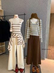 LEN4004 SET ÁO DÂY SỌC PHỐI LÔNG + KHOÁC TAY DÀI (KEM)