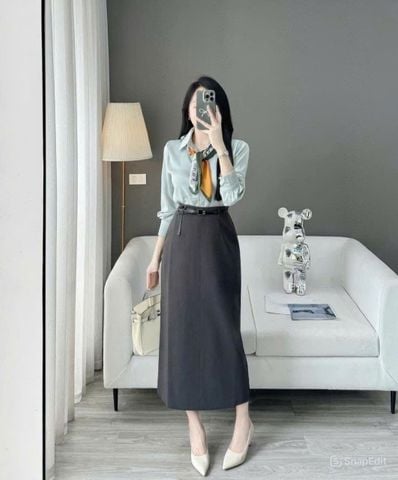 KS1320 - SET 4 MÓN ÁO SƠ MI LỤA + CHÂN VÁY + KHĂN LỤA + NỊT ( ÁO XANH)