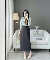 KS1320 - SET 4 MÓN ÁO SƠ MI LỤA + CHÂN VÁY + KHĂN LỤA + NỊT ( ÁO XANH)