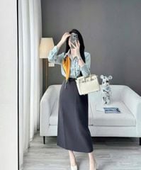 KS1320 - SET 4 MÓN ÁO SƠ MI LỤA + CHÂN VÁY + KHĂN LỤA + NỊT ( ÁO XANH)