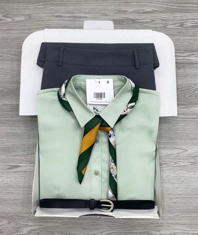 KS1320 - SET 4 MÓN ÁO SƠ MI LỤA + CHÂN VÁY + KHĂN LỤA + NỊT ( ÁO XANH)