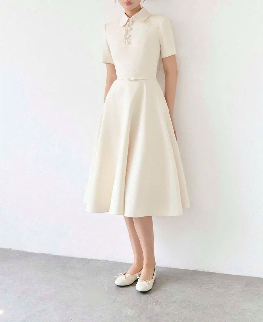 KS1346 - ĐẦM DÀI PHỐI CỔ KEM (KÈM DÂY)