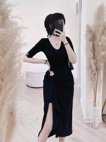 VGU1504 - SET ÁO ÔM BODY - CHÂN VÁY XẺ ĐÙI ĐEN TAG HOA