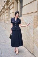 TB9352 SET ÁO CỔ VEST PHỐI NẮP TÚI, CV DÀI (X.ĐEN)