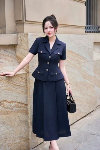 TB9352 SET ÁO CỔ VEST PHỐI NẮP TÚI, CV DÀI (X.ĐEN)