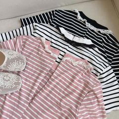 TQ4637 - ĐẦM BODY CỔ VIỀN REN - SỌC HỒNG