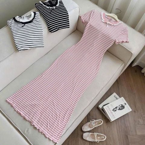 TQ4637 - ĐẦM BODY CỔ VIỀN REN - SỌC HỒNG