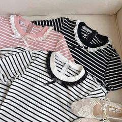 TQ4637 - ĐẦM BODY CỔ VIỀN REN - SỌC HỒNG