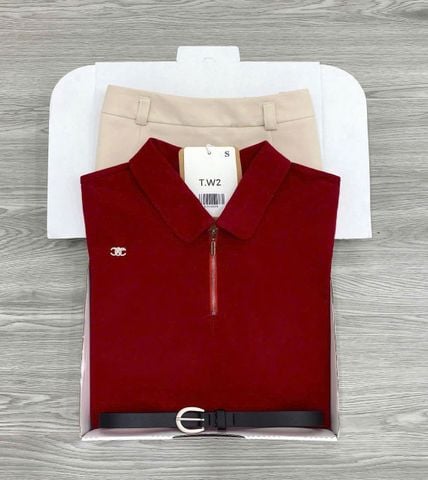 KS1353 - SET ÁO THUN ĐỎ - CHÂN VÁY MÀU DA ( KÈM NỊT )
