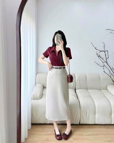 KS1353 - SET ÁO THUN ĐỎ - CHÂN VÁY MÀU DA ( KÈM NỊT )