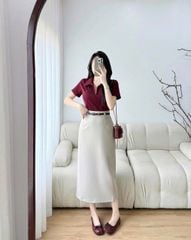 KS1353 - SET ÁO THUN ĐỎ - CHÂN VÁY MÀU DA ( KÈM NỊT )