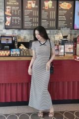 SKY9347 - ĐẦM THUN BODY SỌC TRẮNG VIỀN REN ĐEN