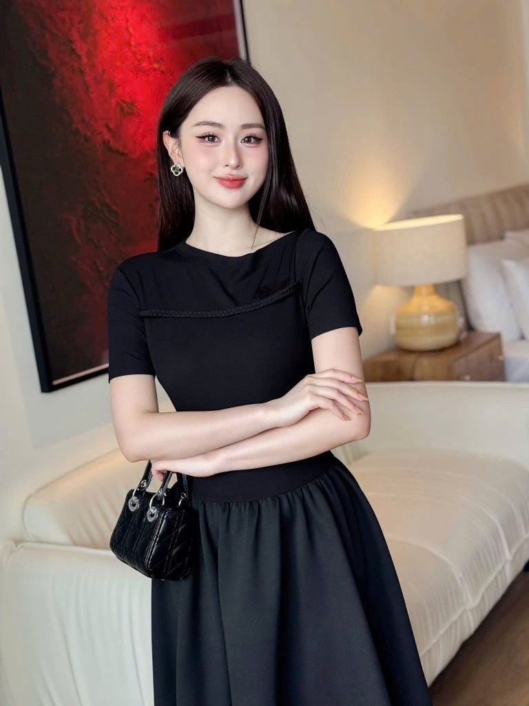 VGU1546 ĐẦM THUN ĐEN PHỐI DÂY BÍNH