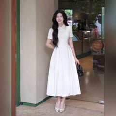 VGU1629 ĐẦM KEM CỔ KẾT CƯỜM PHỐI REN