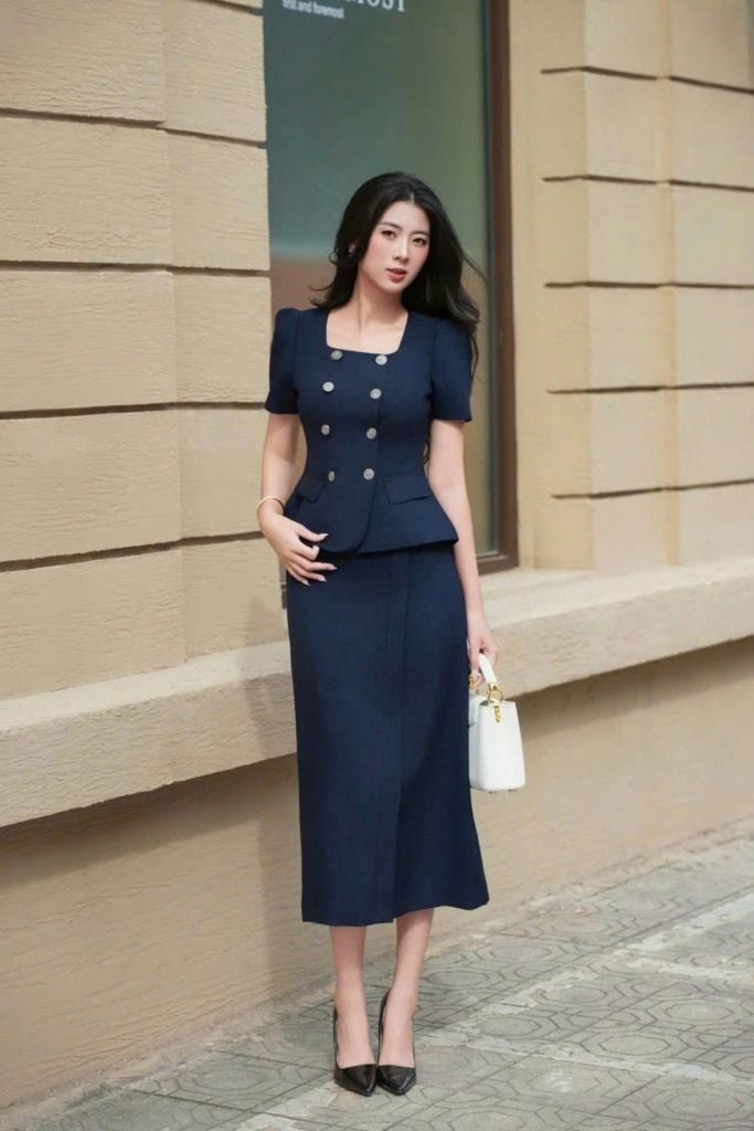 SKY9329 - SET CÔNG SỞ ÁO CỔ VUÔNG - CHÂN VÁY DÀI