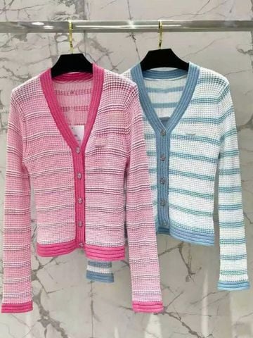 LEN4435 CARDIGAN LEN CHANEL SỌC (XANH)