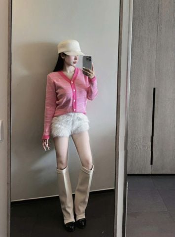 LEN4435 CARDIGAN LEN CHANEL SỌC (XANH)