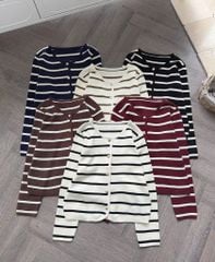 LEN4416 KHOÁC LEN SỌC NÚT KIM LOẠI (NÂU)