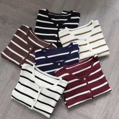 LEN4416 KHOÁC LEN SỌC NÚT KIM LOẠI (NÂU)