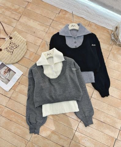 LEN4438 SET ÁO LEN CROPTOP CỔ U + ÁO SÁT NÁCH CỔ BẺ (ĐEN)