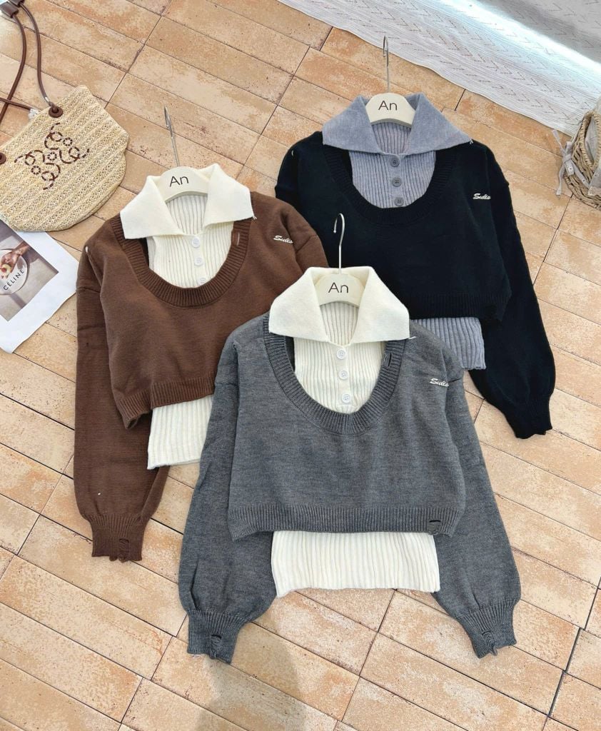 LEN4438 SET ÁO LEN CROPTOP CỔ U + ÁO SÁT NÁCH CỔ BẺ (ĐEN)