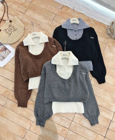 LEN4437 SET ÁO LEN CROPTOP CỔ U + ÁO SÁT NÁCH CỔ BẺ (XÁM)