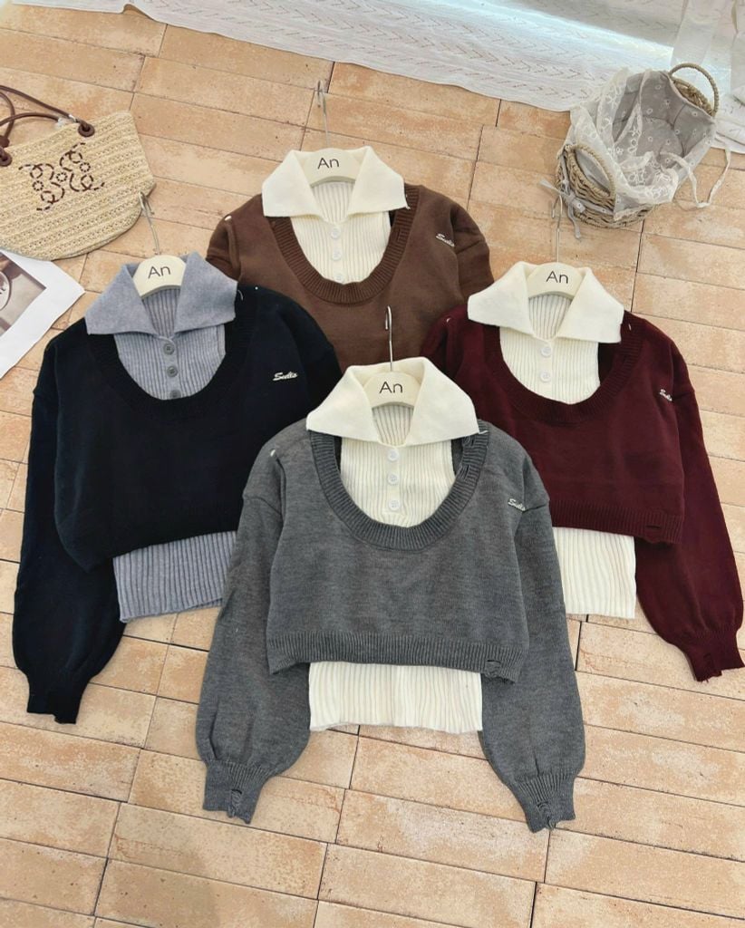 LEN4438 SET ÁO LEN CROPTOP CỔ U + ÁO SÁT NÁCH CỔ BẺ (ĐEN)