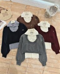 LEN4438 SET ÁO LEN CROPTOP CỔ U + ÁO SÁT NÁCH CỔ BẺ (ĐEN)