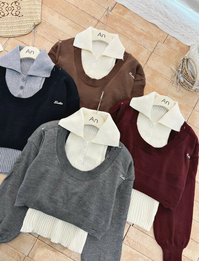 LEN4438 SET ÁO LEN CROPTOP CỔ U + ÁO SÁT NÁCH CỔ BẺ (ĐEN)