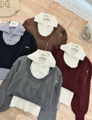 LEN4438 SET ÁO LEN CROPTOP CỔ U + ÁO SÁT NÁCH CỔ BẺ (ĐEN)