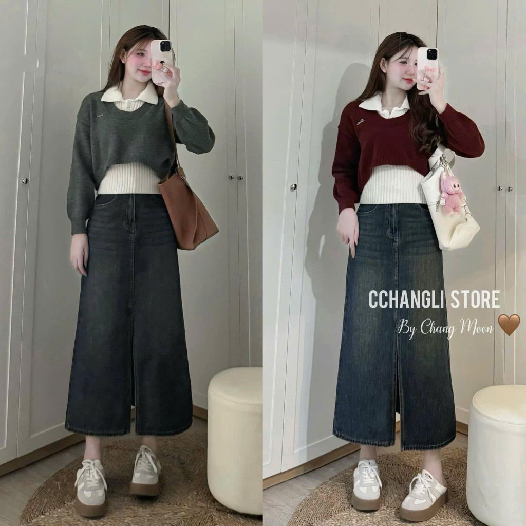 LEN4438 SET ÁO LEN CROPTOP CỔ U + ÁO SÁT NÁCH CỔ BẺ (ĐEN)
