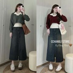 LEN4438 SET ÁO LEN CROPTOP CỔ U + ÁO SÁT NÁCH CỔ BẺ (ĐEN)