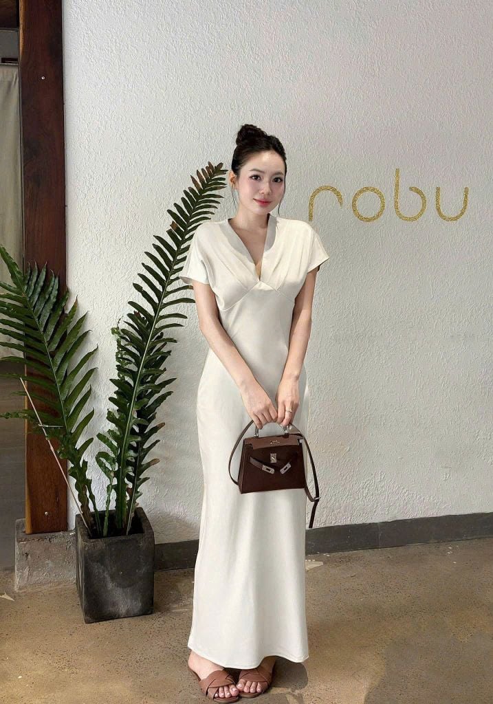 KS1419 - ĐẦM LỤA DÀI CỔ TIM