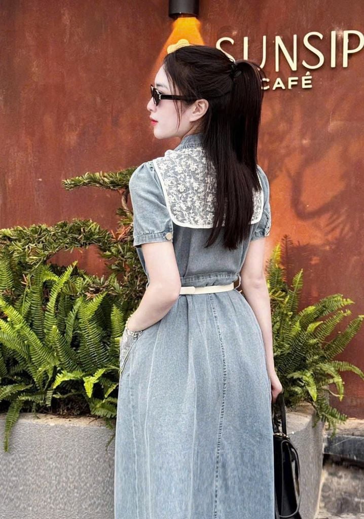 TB8776 - ĐẦM JEAN DÀI ( KÈM KHĂN + NỊT) - MÀU XANH NHẠT