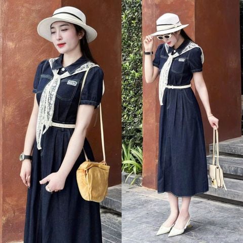 TB8775 - ĐẦM JEAN DÀI ( KÈM KHĂN + NỊT) - MÀU XANH ĐẬM
