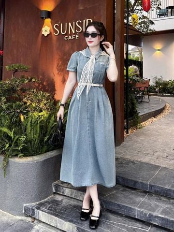 TB8776 - ĐẦM JEAN DÀI ( KÈM KHĂN + NỊT) - MÀU XANH NHẠT