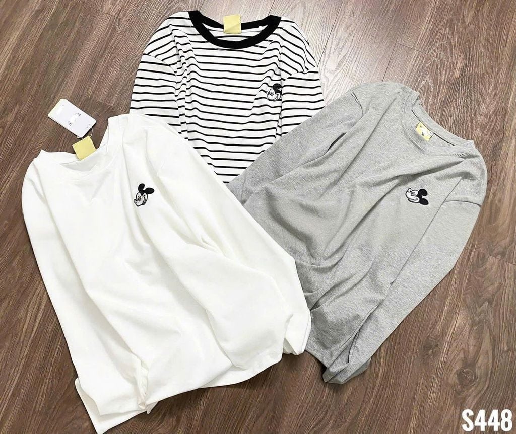 VGU1655 - ÁO THUN TAY DÀI THÊU MICKEY ( ÁO LẺ ) - MÀU TRẮNG