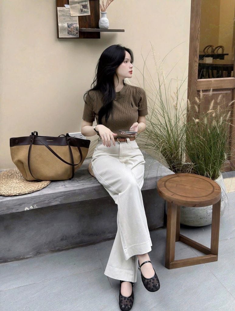 KS1427 SET ÁO LEN NGỰA NÂU - QUẦN KAKI (KÈM NỊT)