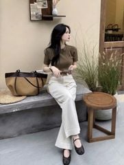 KS1427 SET ÁO LEN NGỰA NÂU - QUẦN KAKI (KÈM NỊT)