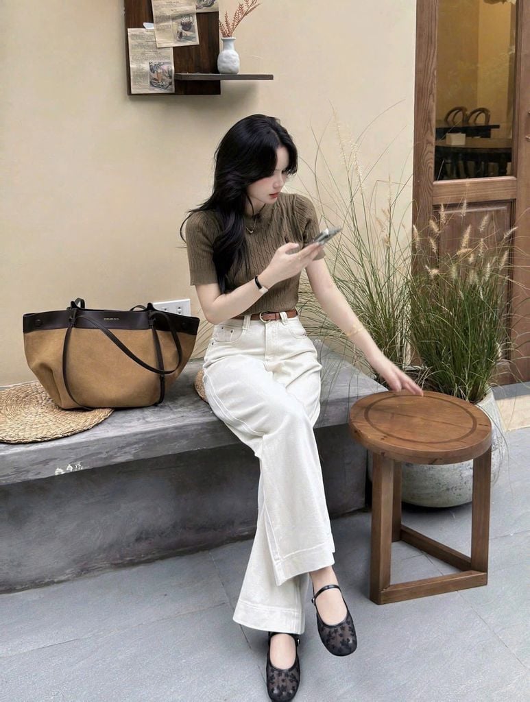 KS1427 SET ÁO LEN NGỰA NÂU - QUẦN KAKI (KÈM NỊT)