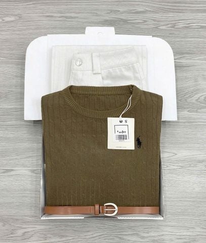 KS1427 SET ÁO LEN NGỰA NÂU - QUẦN KAKI (KÈM NỊT)