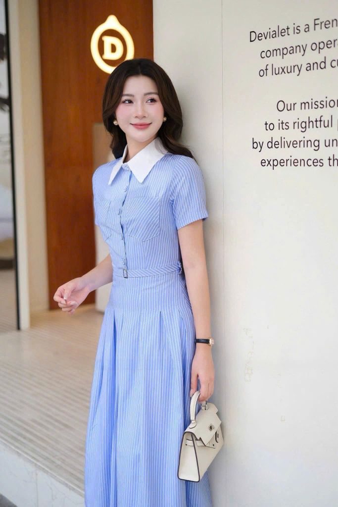 KS1405 ĐẦM SƠMI SỌC XANH NÚT BỌC