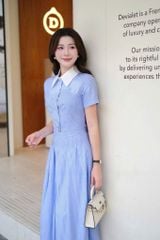 KS1405 ĐẦM SƠMI SỌC XANH NÚT BỌC