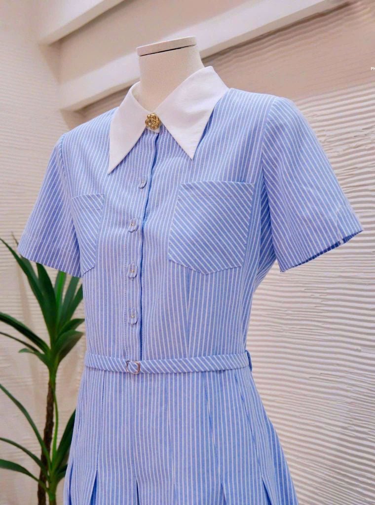 KS1405 ĐẦM SƠMI SỌC XANH NÚT BỌC