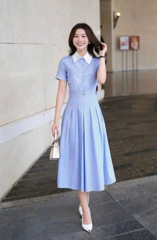 KS1405 ĐẦM SƠMI SỌC XANH NÚT BỌC