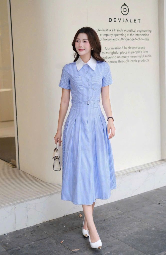 KS1405 ĐẦM SƠMI SỌC XANH NÚT BỌC