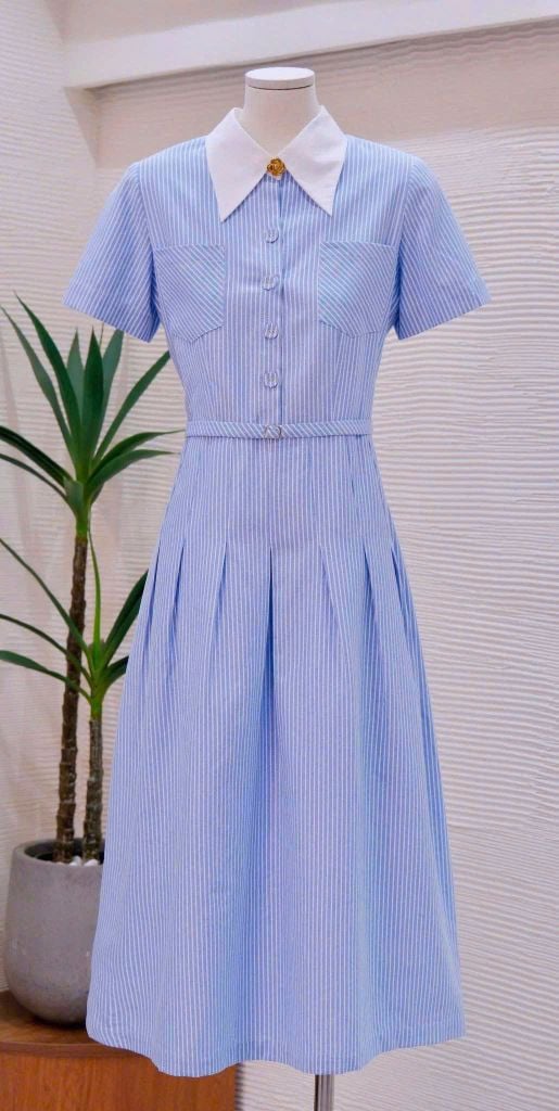 KS1405 ĐẦM SƠMI SỌC XANH NÚT BỌC