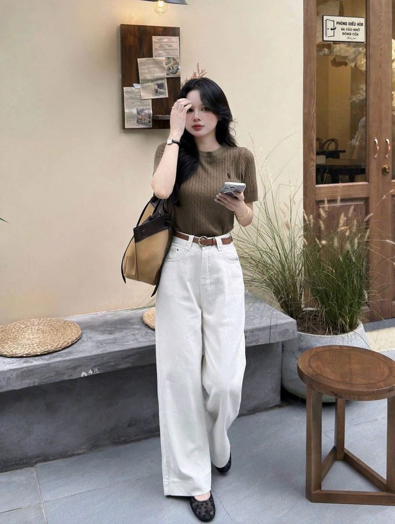 KS1427 SET ÁO LEN NGỰA NÂU - QUẦN KAKI (KÈM NỊT)